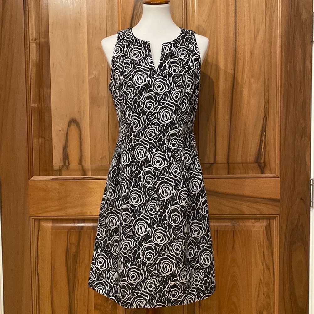 Metallic Silver & Black Rose-Printed Sleeveless Cocktail Dress, EUC, 10